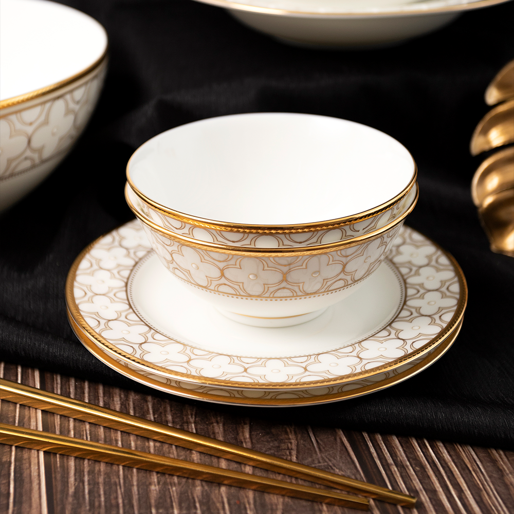 Bộ bát đĩa ăn châu Á đầy đủ 38 món (cho 6 người) sứ xương | Noritake Trefolio Gold 4945L - D038AD