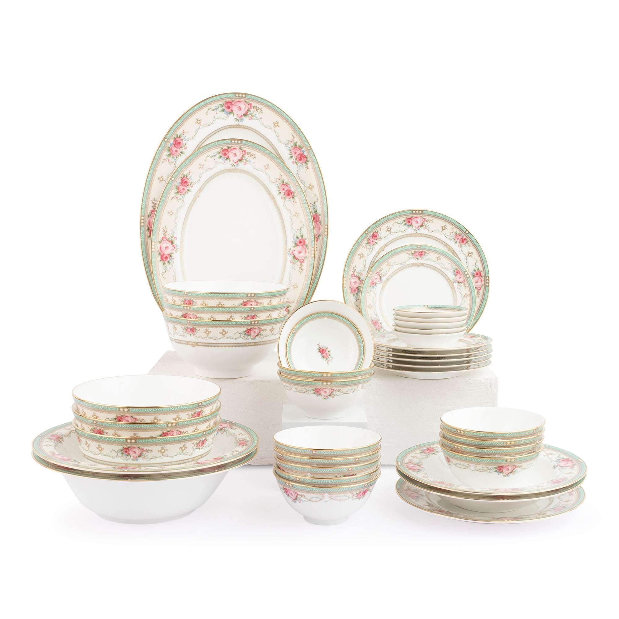 Bộ bát đĩa ăn châu Á đầy đủ 38 món (cho 6 người) sứ xương | Noritake Palace Rose 4863L - D038AC