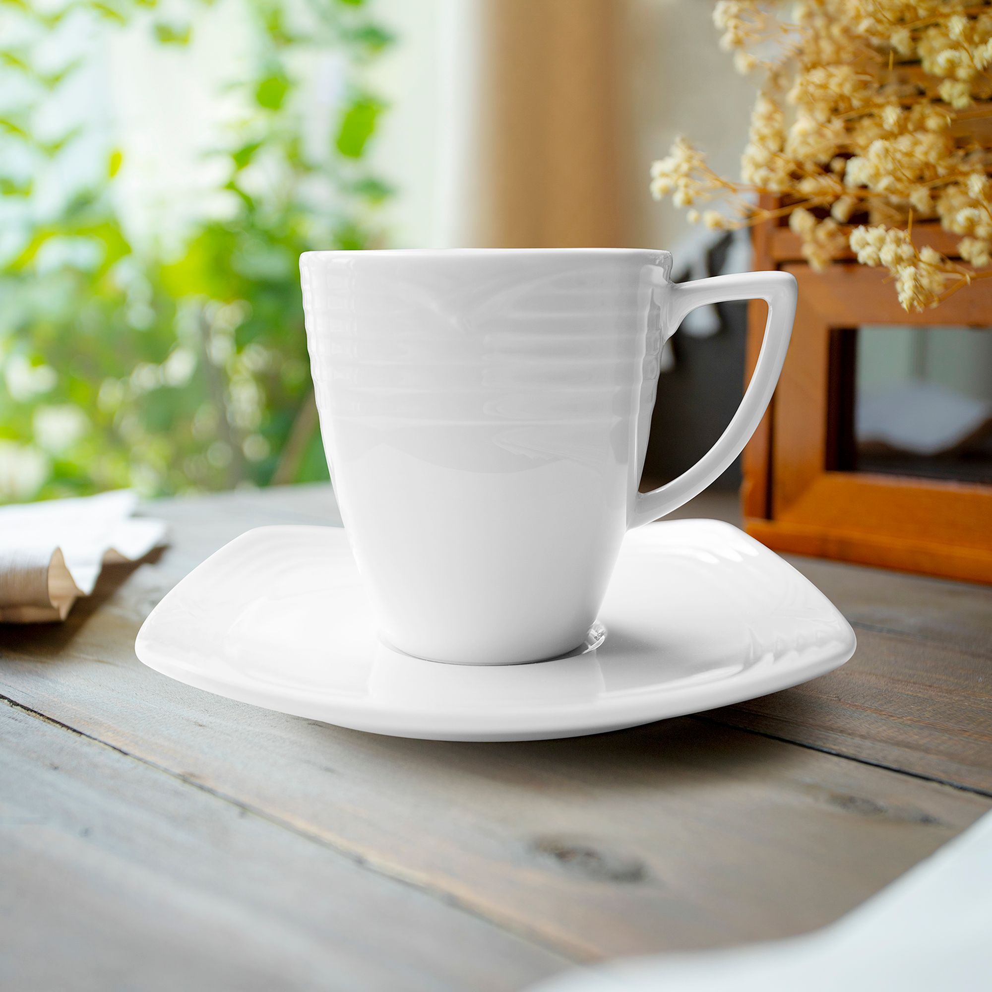 Chén trà (tách trà) vuông dung tích 220ml kèm đĩa lót sứ trắng | Noritake Arctic White 4000L - T91530