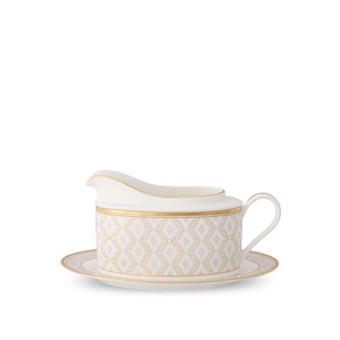 Bình (hũ) đựng nước xốt quai tròn dung tích 620ml kèm đĩa lót sứ xương | Noritake Noble Pearl 4979L - 93640