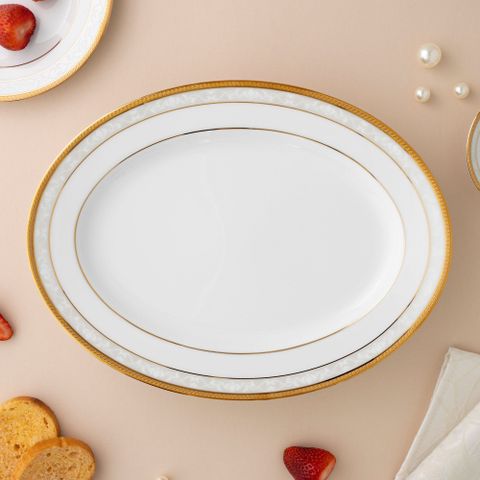  Đĩa Oval cỡ nhỏ (SM) dài 29,4cm sứ trắng | Noritake Hampshire Gold 4335L - 91345 