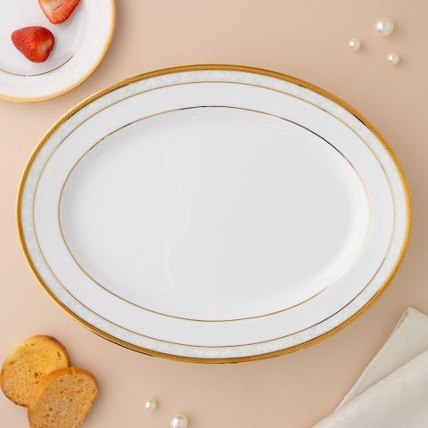 Đĩa Oval cỡ vừa (MD) dài 34,5cm sứ trắng | Noritake Hampshire Gold 4335L - 91344 