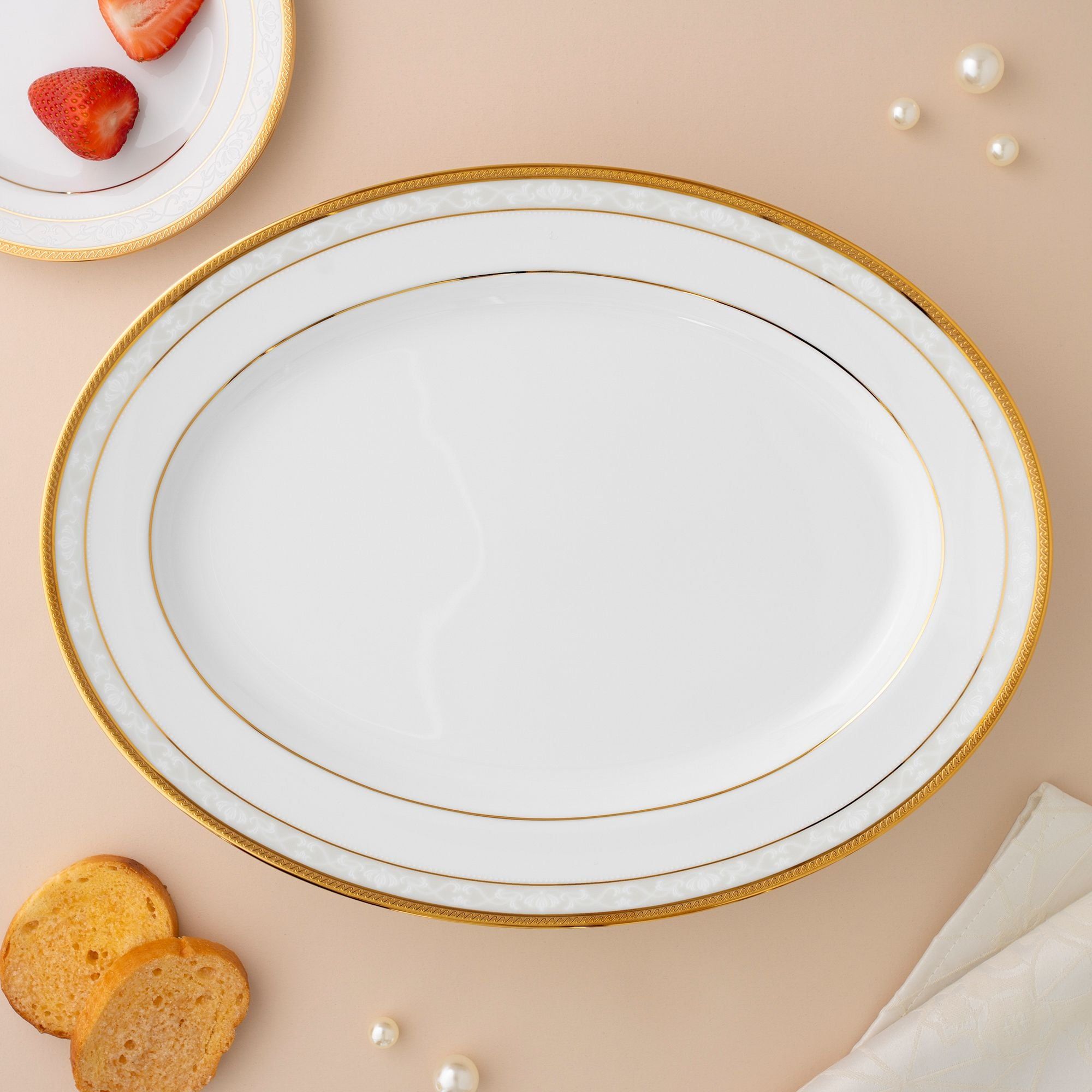 Đĩa Oval cỡ vừa (MD) dài 34,5cm sứ trắng | Noritake Hampshire Gold 4335L - 91344