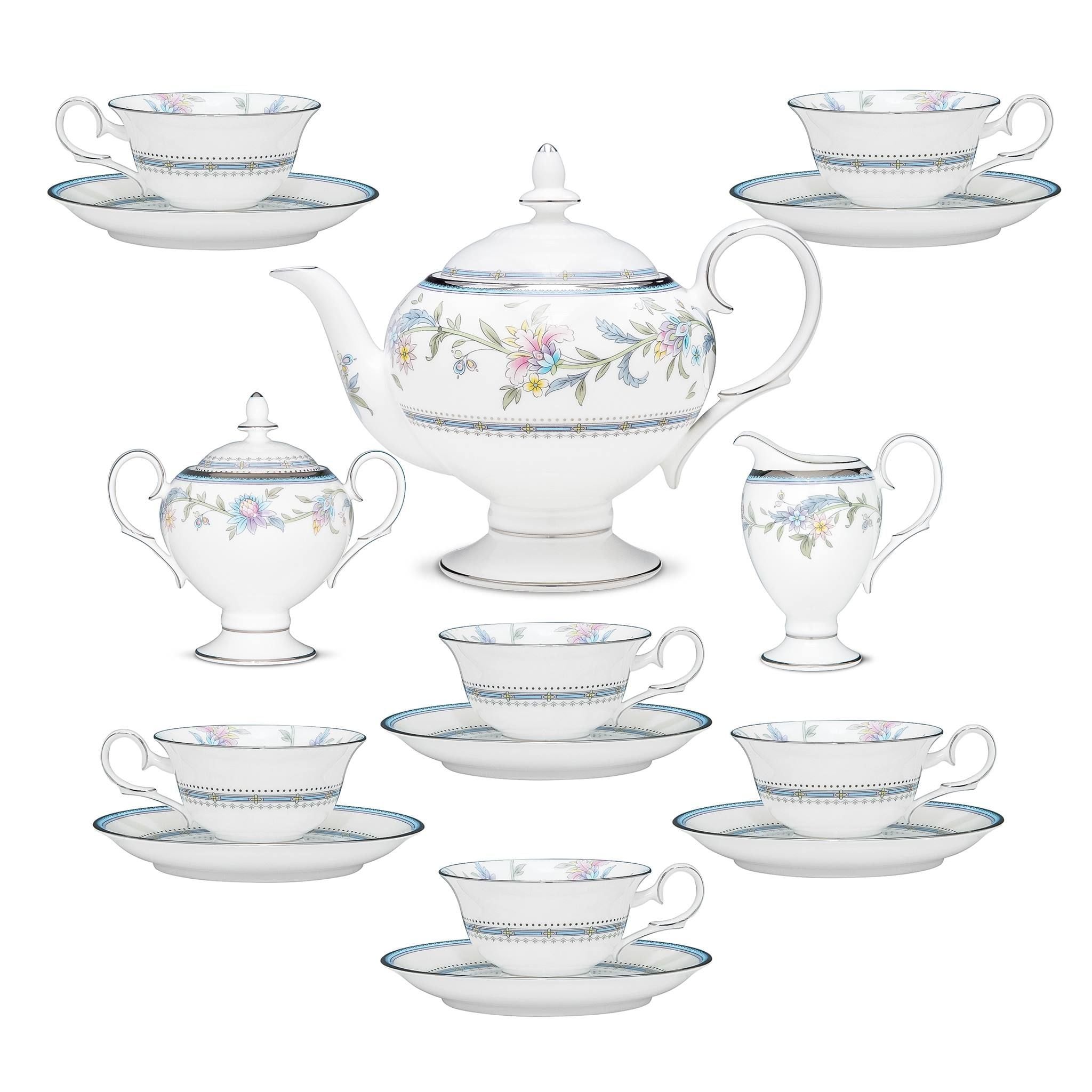 Bộ ấm chén uống trà (ấm 1.050ml, chén 215ml) 15 món sứ xương | Noritake Jardin Fleuri 4910L - T017A