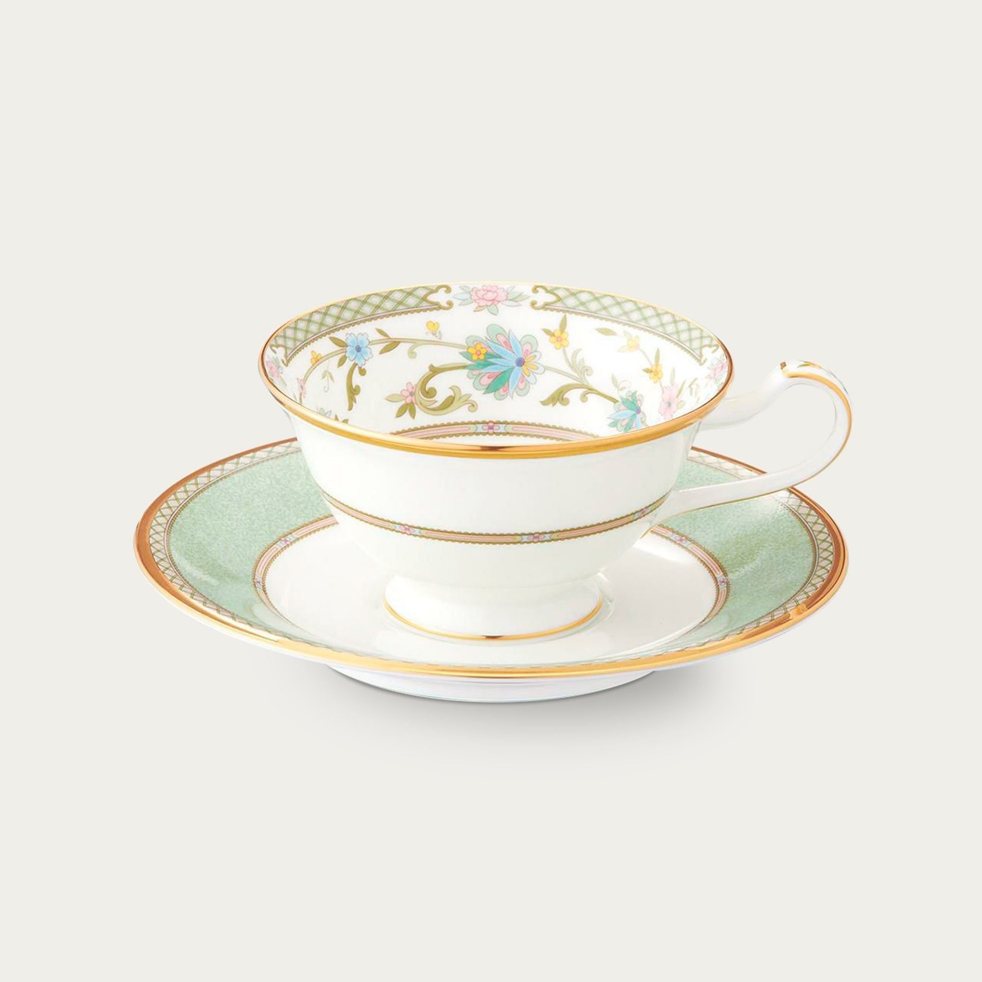 Chén trà (tách trà) dáng loe dung tích 220ml kèm đĩa lót màu xanh lá sứ xương Nhật Bản | Noritake Yoshino 9983J - Y59587