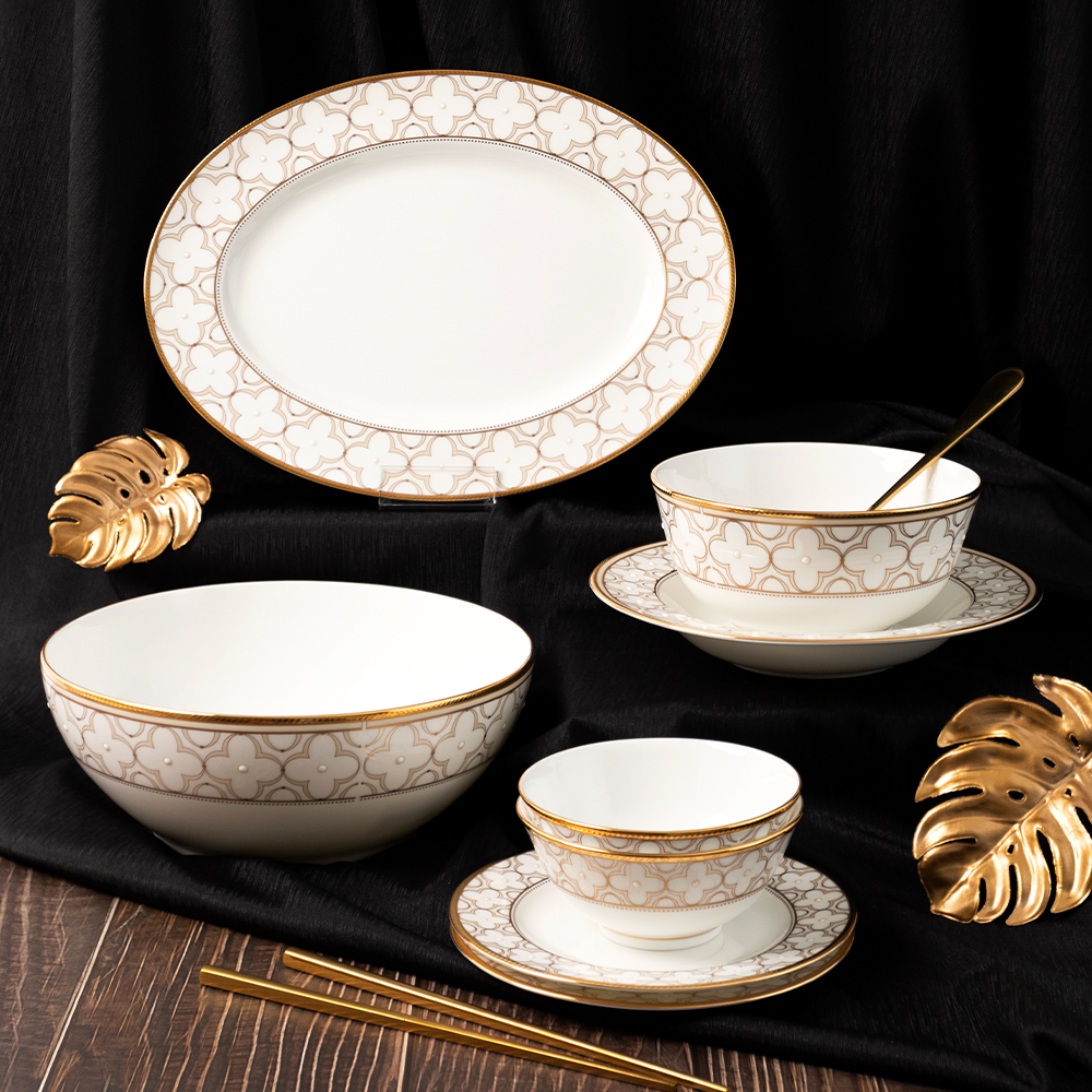 Bộ bát đĩa ăn châu Á đầy đủ 38 món (cho 6 người) sứ xương | Noritake Trefolio Gold 4945L - D038AD