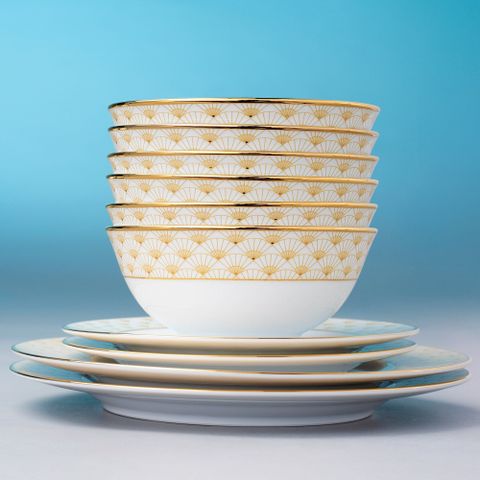  Bộ bát đĩa ăn châu Á cơ bản 22 món (cho 6 người) sứ trắng | Noritake Trocadero Gold 1787L - D022AB 