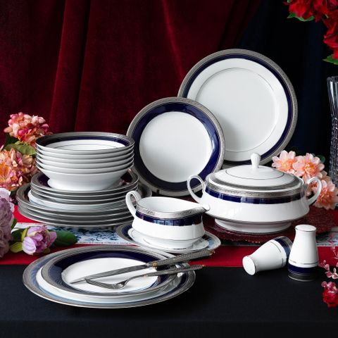  Bộ đĩa ăn kiểu Âu 22 món (cho 6 người) sứ trắng | Noritake Crestwood Cobalt Platinum 4170L - D024AL 