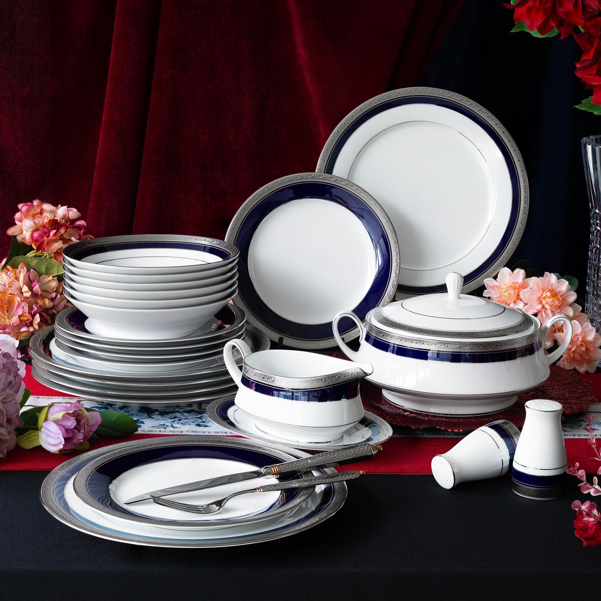 Bộ đĩa ăn kiểu Âu 22 món (cho 6 người) sứ trắng | Noritake Crestwood Cobalt Platinum 4170L - D024AL