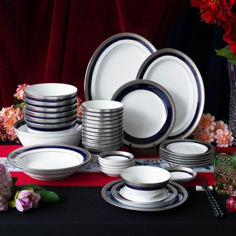  Bộ bát đĩa ăn châu Á đầy đủ 38 món (cho 6 người) sứ trắng | Noritake Crestwood Cobalt Platinum 4170L - D038AB 