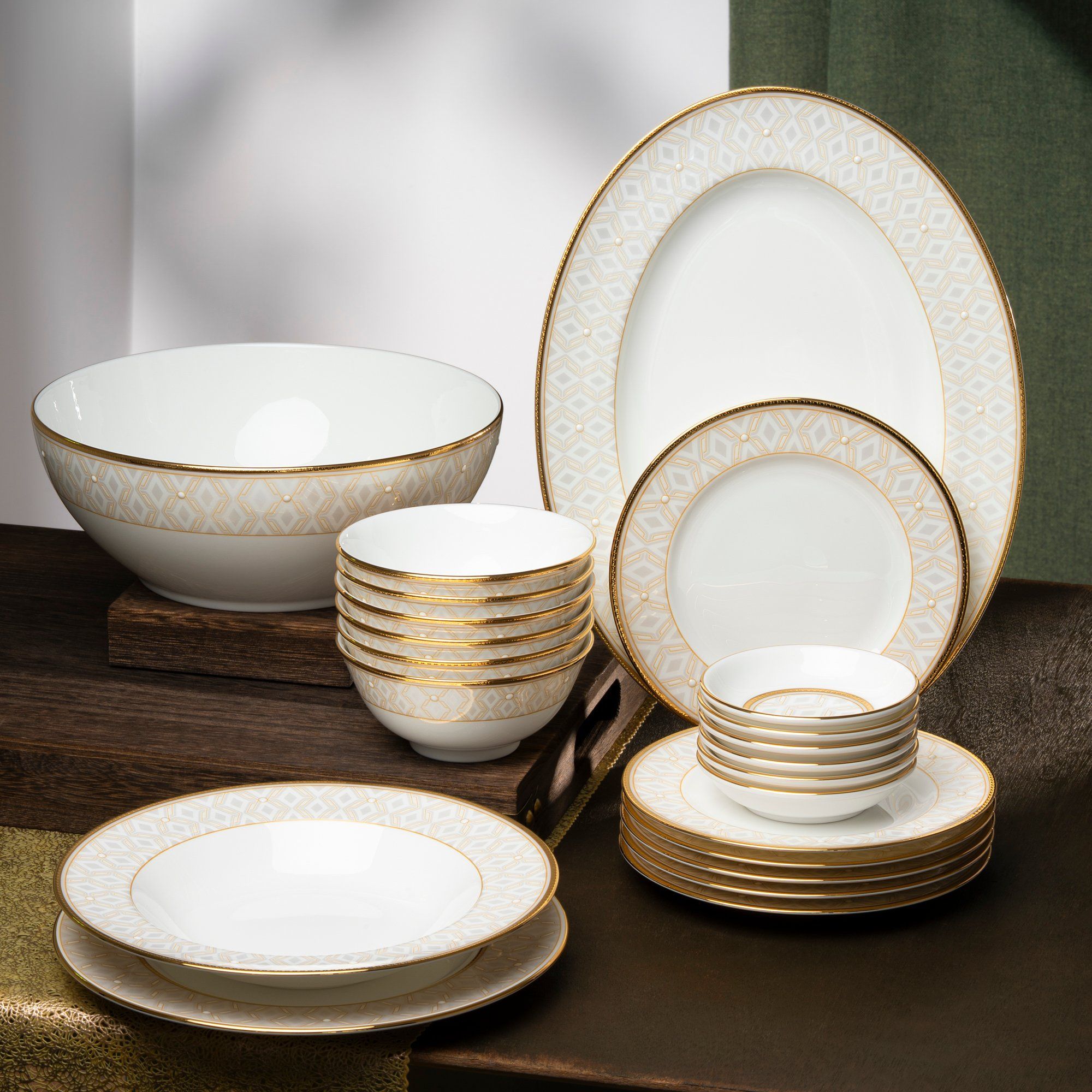 Bộ bát đĩa ăn châu Á cơ bản 22 món (cho 6 người) sứ xương | Noritake Noble Pearl 4979L - D022AB