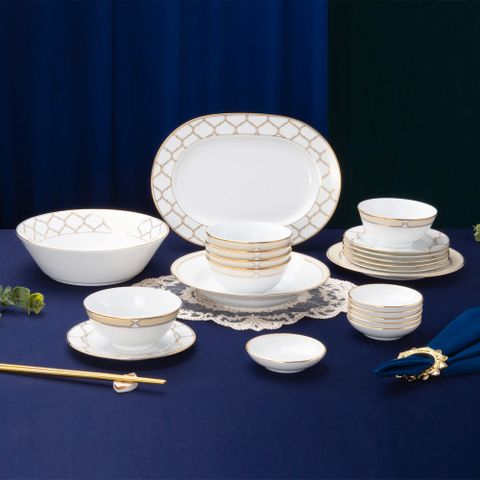  Bộ bát đĩa ăn châu Á cơ bản 22 món (cho 6 người) sứ trắng | Noritake Eternal Palace Gold 1728L - D022AB 