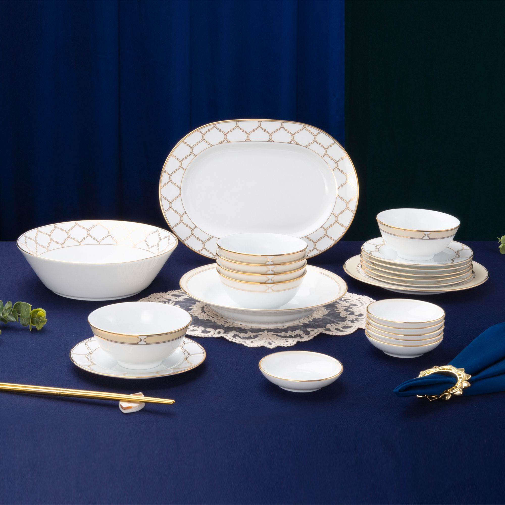 Bộ bát đĩa ăn châu Á cơ bản 22 món (cho 6 người) sứ trắng | Noritake Eternal Palace Gold 1728L - D022AB