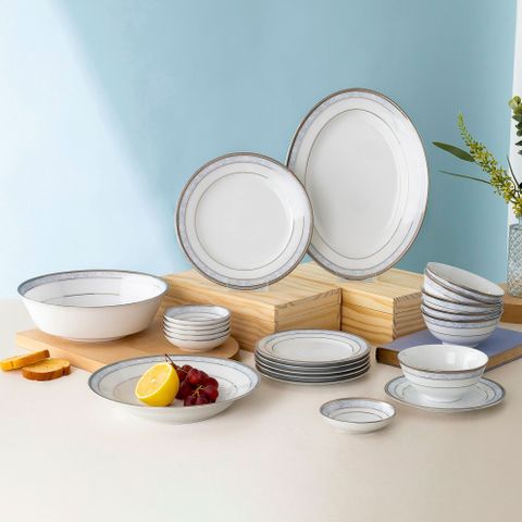  Bộ bát đĩa ăn châu Á cơ bản 22 món (cho 6 người) sứ trắng | Noritake Hampshire Platinum 4336L - D022AB 