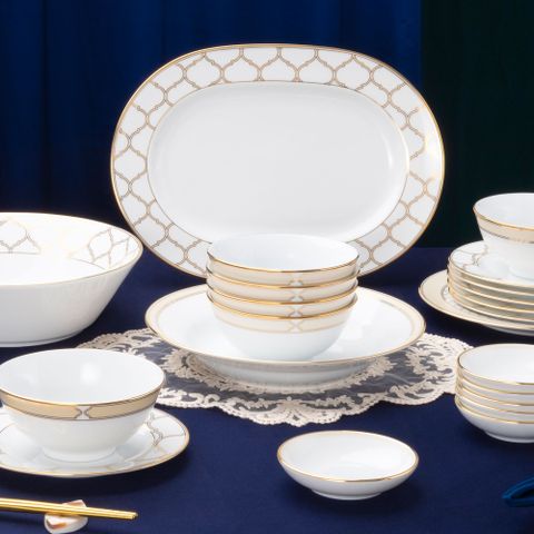  Bộ bát đĩa ăn châu Á cơ bản 22 món (cho 6 người) sứ trắng | Noritake Eternal Palace Gold 1728L - D022AB 