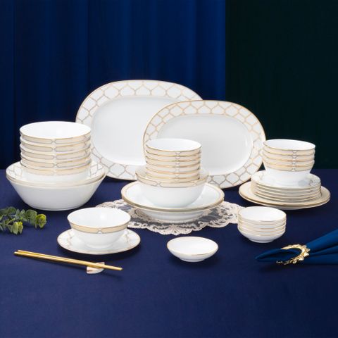  Bộ bát đĩa ăn châu Á đầy đủ 38 món (cho 6 người) sứ trắng | Noritake Eternal Palace Gold 1728L - D038AB 