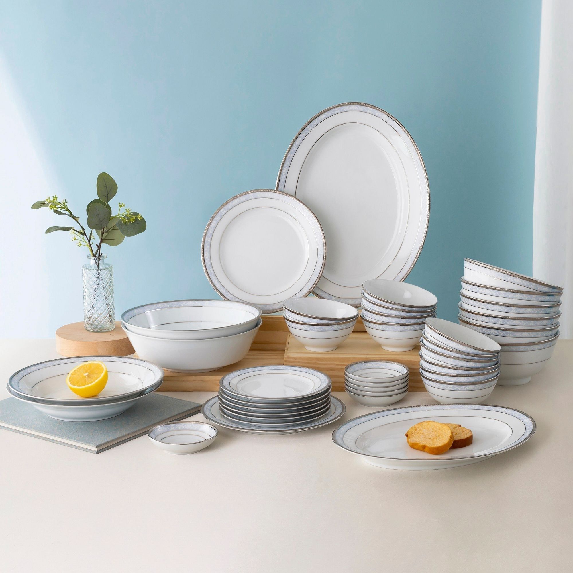 Bộ bát đĩa ăn châu Á đầy đủ 38 món (cho 6 người) sứ trắng| Noritake Hampshire Platinum 4336L - D038AB