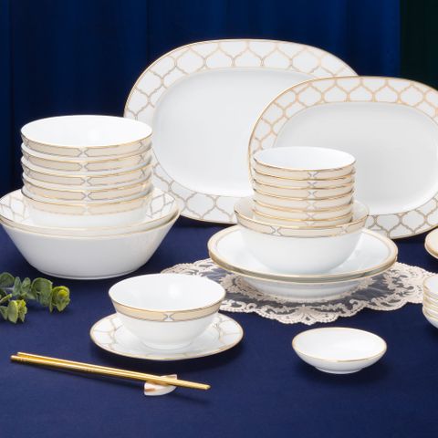  Bộ bát đĩa ăn châu Á đầy đủ 38 món (cho 6 người) sứ trắng | Noritake Eternal Palace Gold 1728L - D038AB 