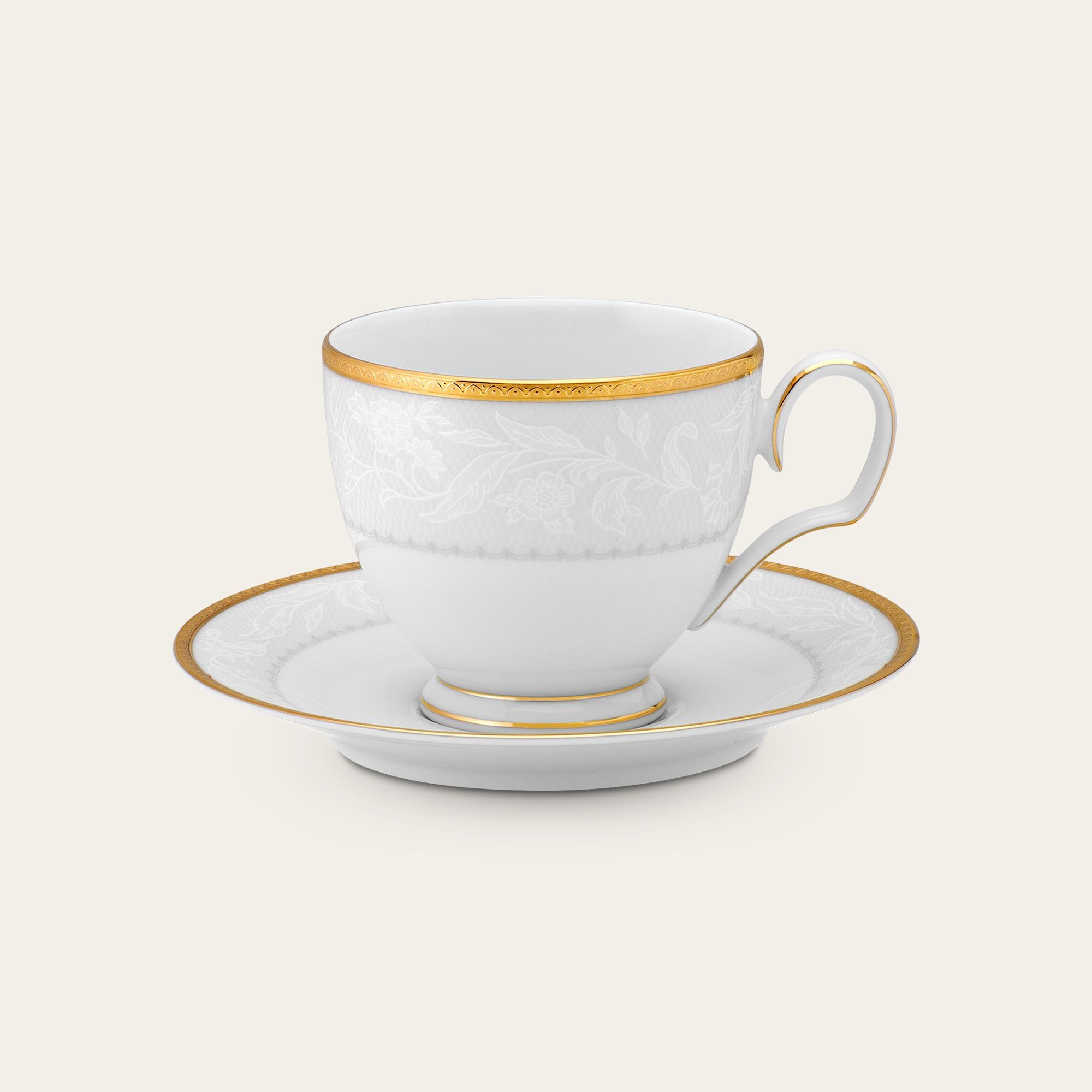 Chén trà (tách trà) dung tích 250ml kèm đĩa lót sứ trắng | Noritake Flanders Gold 1714L - T91988