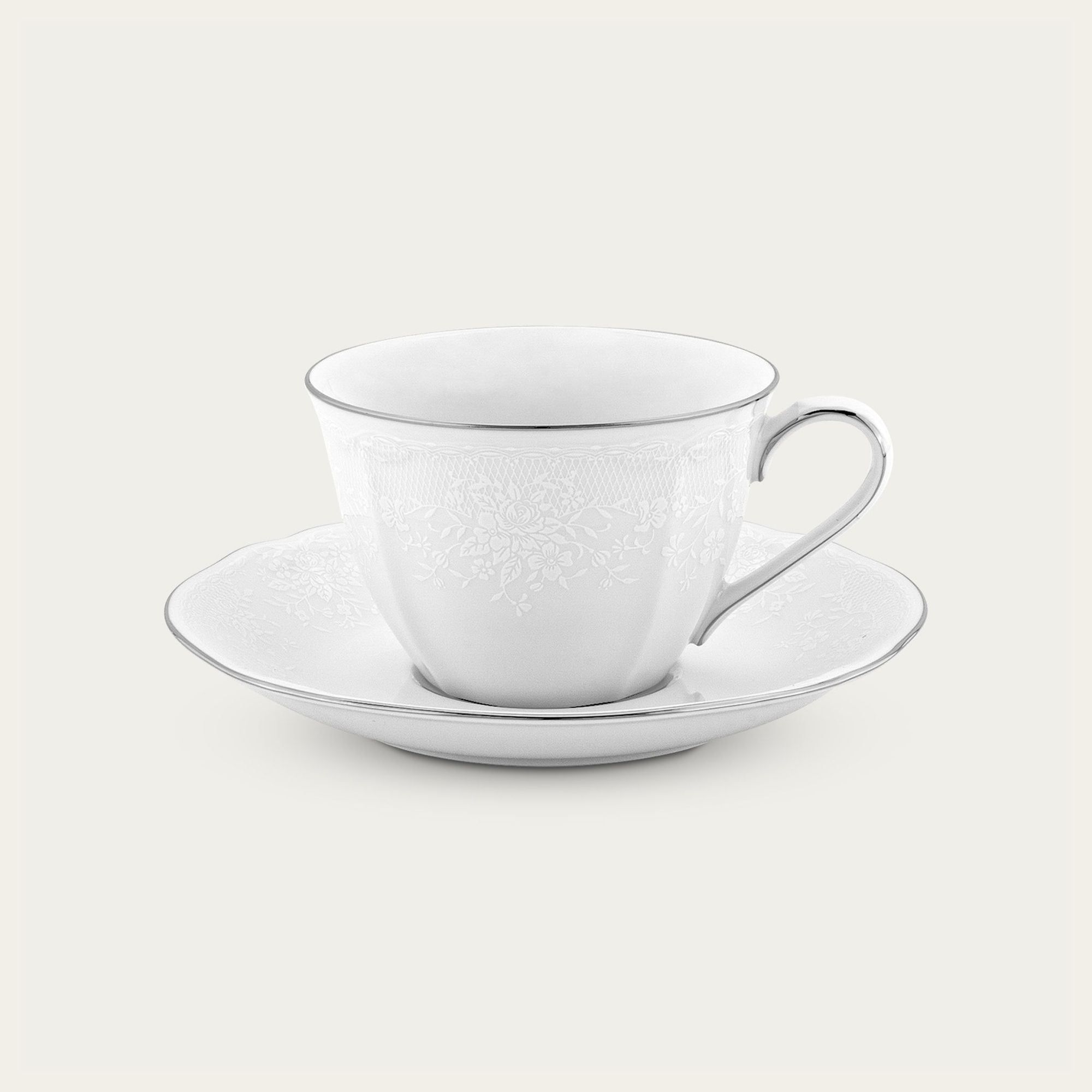 Chén trà (tách trà) dung tích 260ml kèm đĩa lót sứ trắng | Noritake Princess Bouquet Platinum 1661L - T94489