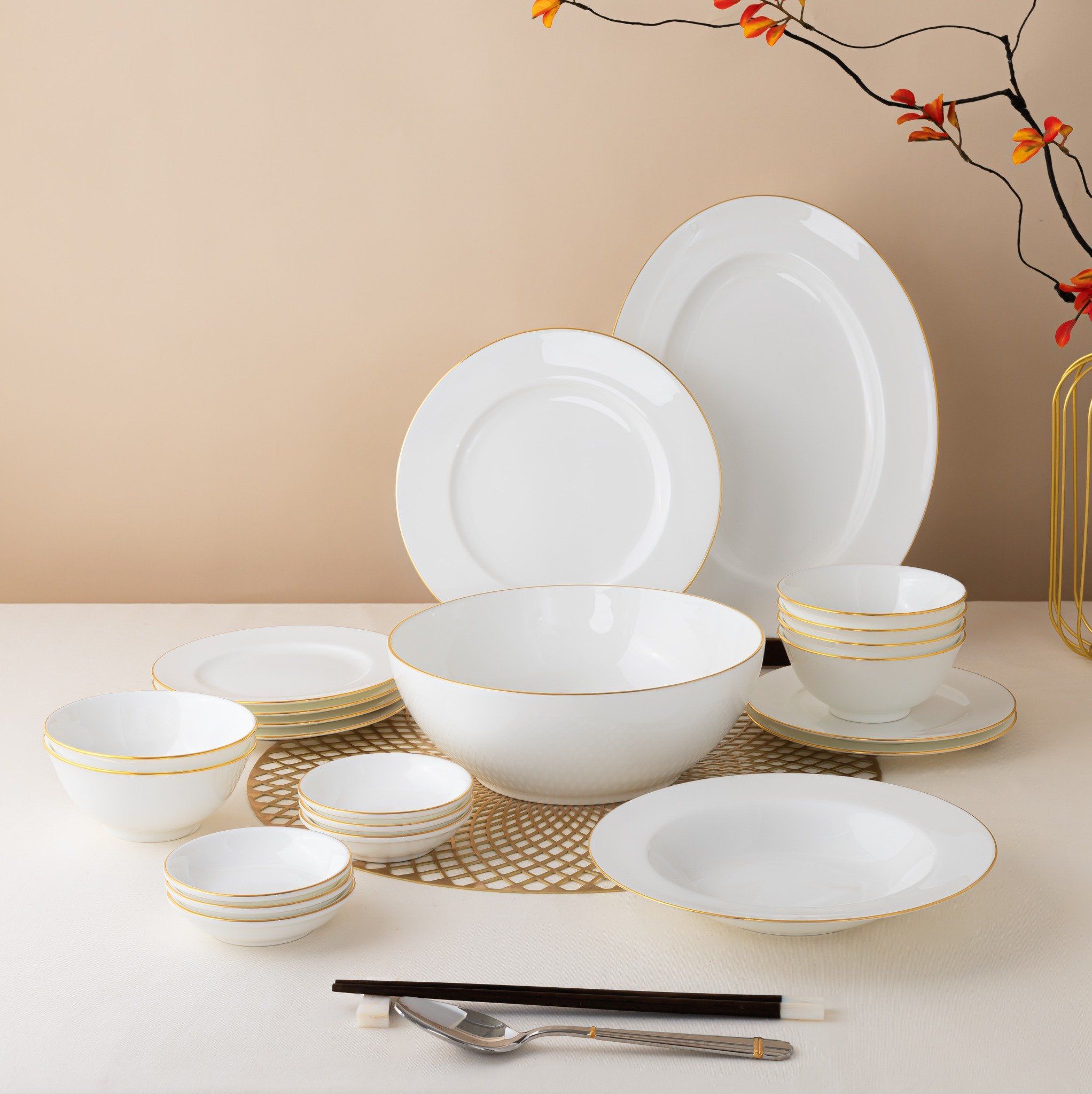 Bộ bát đĩa ăn châu Á cơ bản 22 món (cho 6 người) sứ xương | Noritake Accompanist 4886L - D022AB