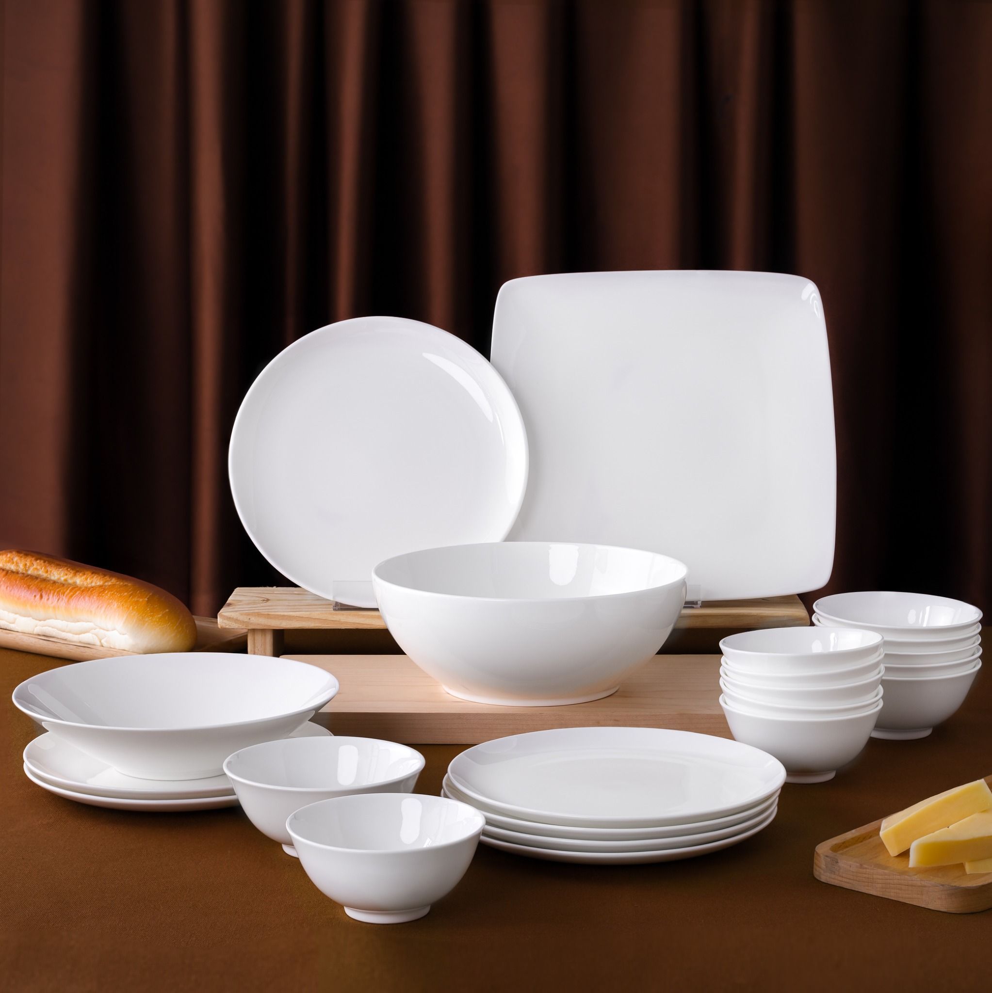 Bộ bát đĩa ăn châu Á cơ bản 22 món (đĩa coupe, cho 6 người) sứ xương | Noritake Plain White 9990L - D022AC