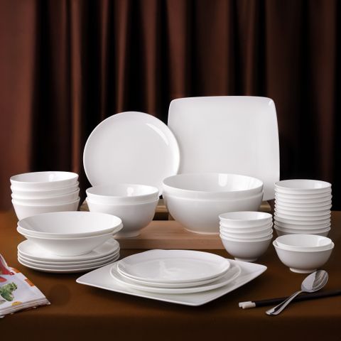  Bộ bát đĩa ăn châu Á đầy đủ 38 món (đĩa coupe, cho 6 người) sứ xương | Noritake Plain White 9990L - D038AC 