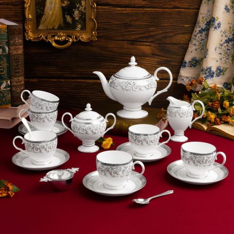  Bộ ấm chén uống trà (ấm 1.050ml, chén 250ml) 15 món sứ xương | Noritake Summit Platinum 4919L - T017A 