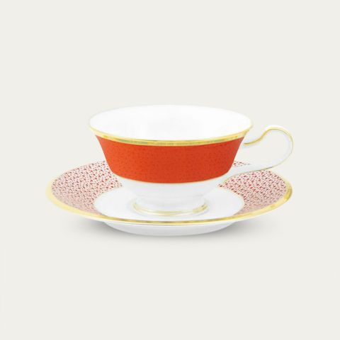  Chén trà (tách trà) dáng loe 220ml kèm đĩa lót (Đỏ) sứ xương Nhật Bản | Noritake Ake Komon 4948J - T59587 