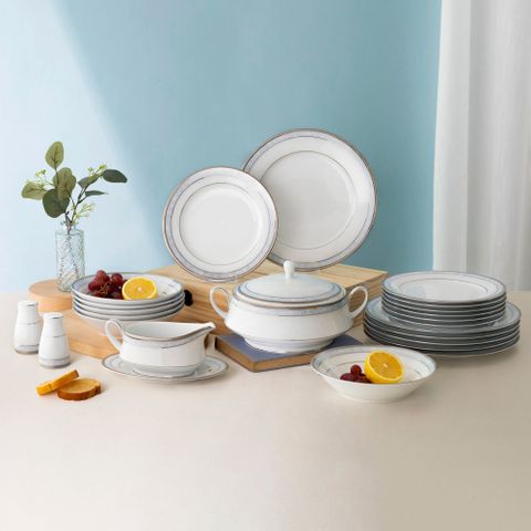  Bộ đĩa ăn kiểu Âu 22 món (cho 6 người) sứ trắng | Noritake Hampshire Platinum 4336L - D024AL 