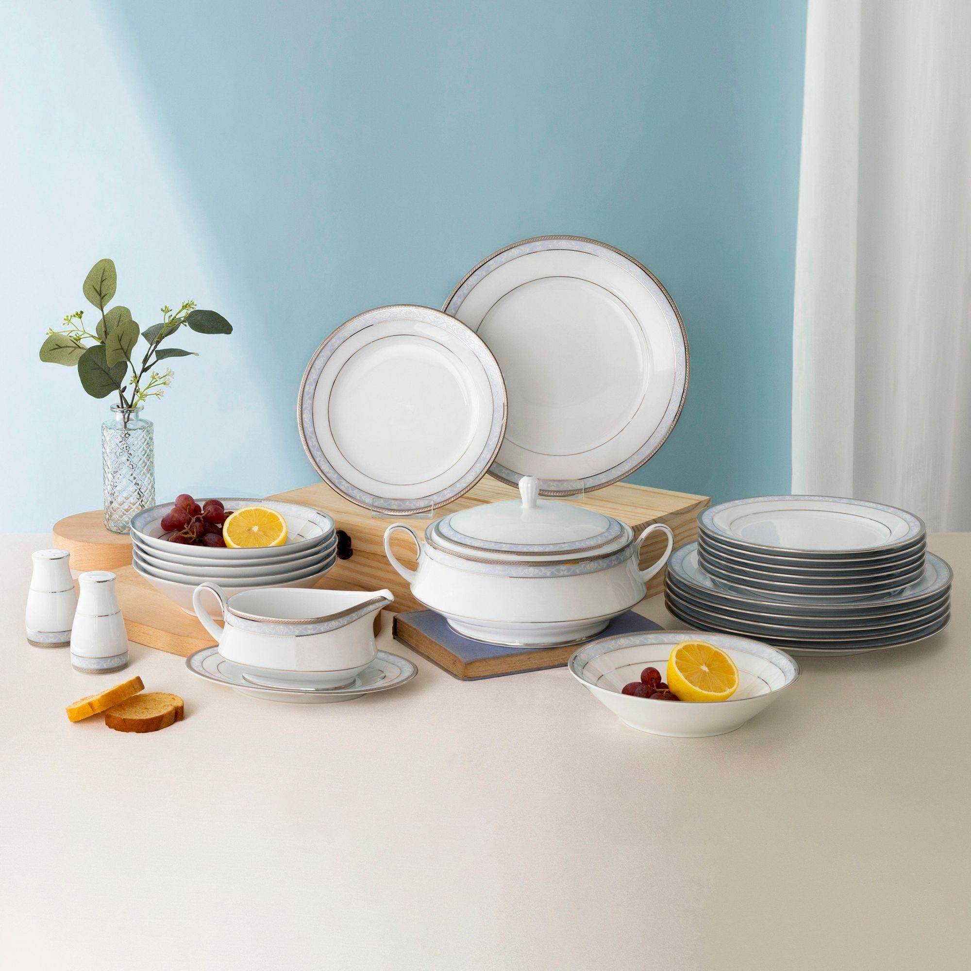 Bộ đĩa ăn kiểu Âu 22 món (cho 6 người) sứ trắng | Noritake Hampshire Platinum 4336L - D024AL