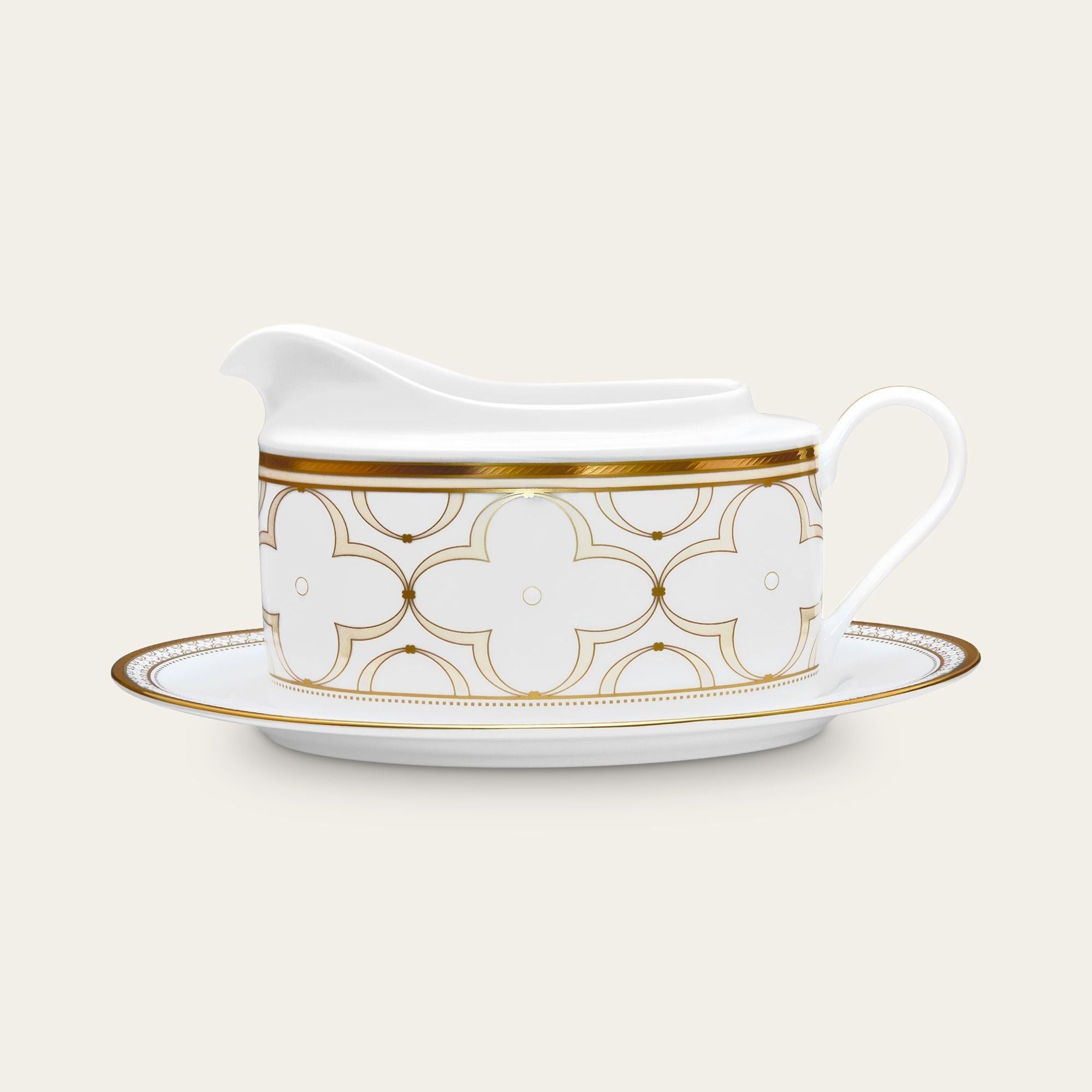 Bình (hũ) đựng nước xốt quai tròn dung tích 620ml kèm đĩa lót sứ xương | Noritake Trefolio Gold 4945L - 93640