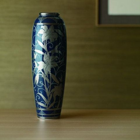  Bình hoa (Đặc biệt: vẽ tay) xanh cobalt họa tiết hoa Ly bạc, cao 46cm sứ xương Nhật Bản | Noritake Hanaginsai Yuri 4697J - 52932 