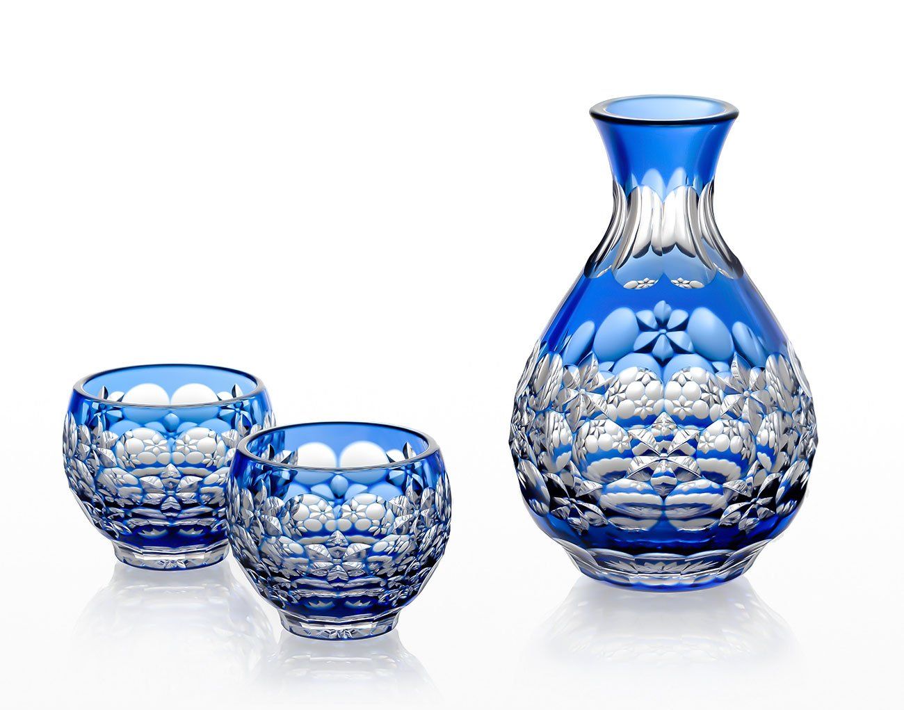 Bộ bình pha lê & ly rượu sake "Ball Dance" 03 món màu xanh cobalt được chế tác bởi nghệ nhân Hideaki Shinozaki | Kagami Crystal BPS328 - 2708-CCB