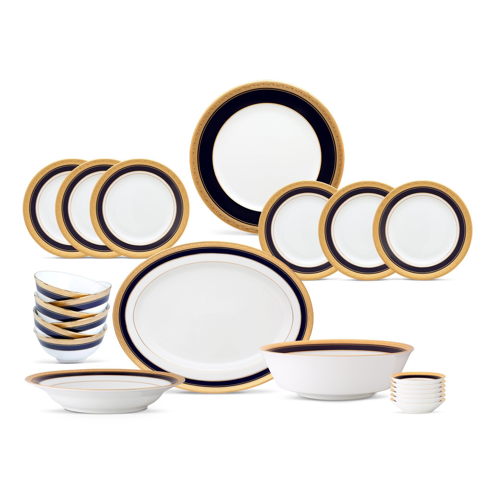 Bộ bát đĩa ăn châu Á cơ bản 22 món (cho 6 người) sứ trắng | Noritake Crestwood Cobalt Gold 4171L - D022AB