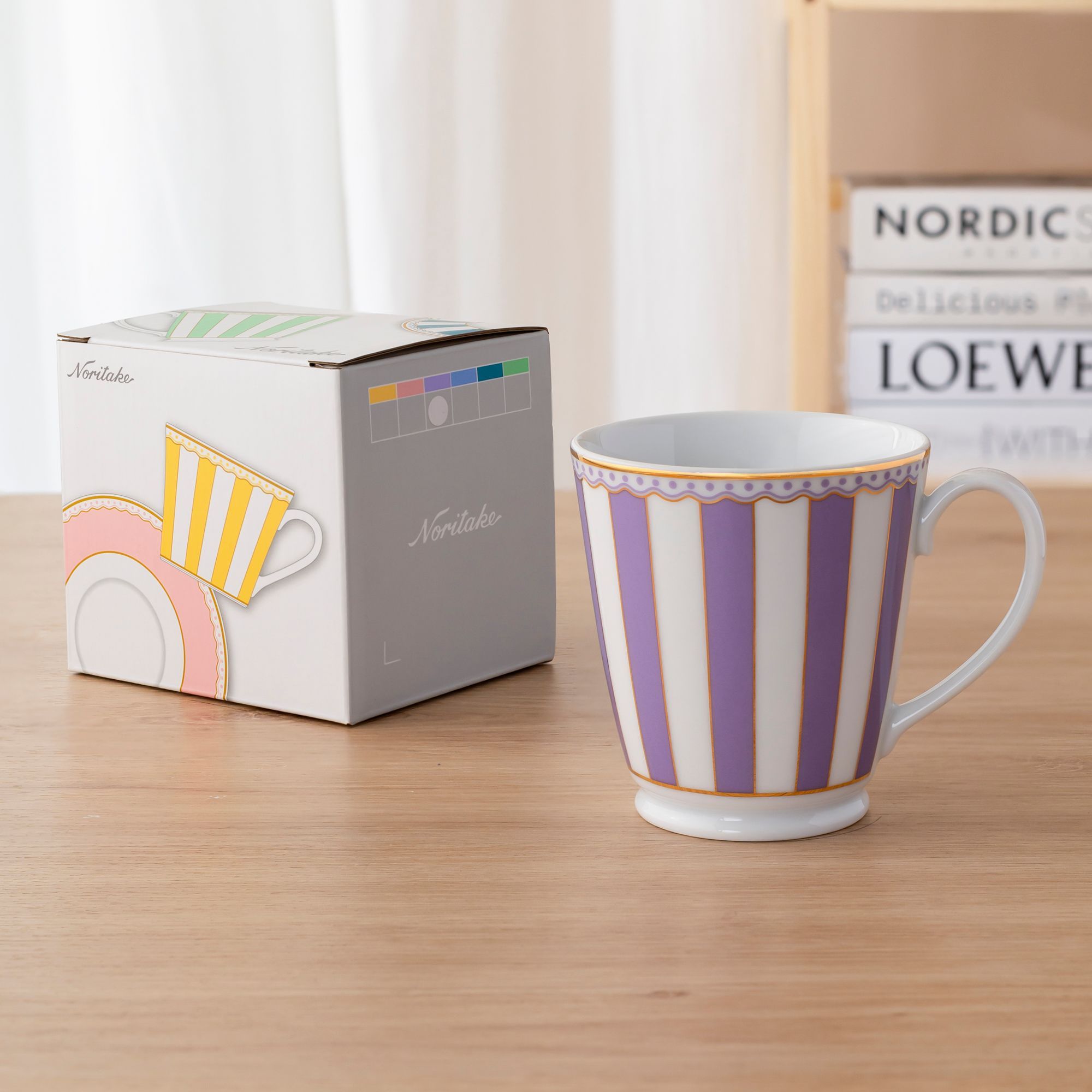 Cốc (ly) uống nước, cà phê 370ml (tím lavender) sứ trắng | Noritake CRNIVL Lavender M-248L - Q001A