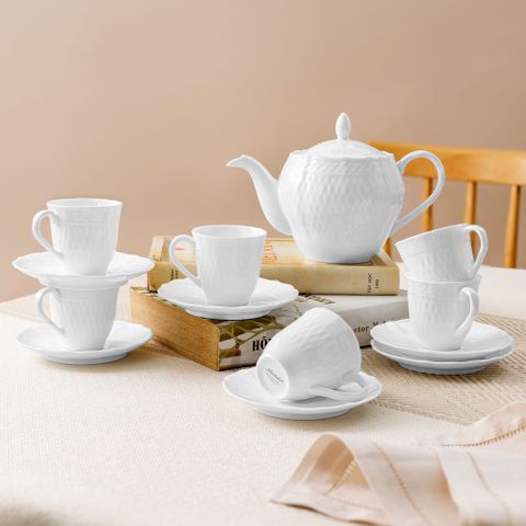  Bộ ấm chén uống trà nhỏ (ấm 510ml, chén 75ml) 13 món sứ trắng cao cấp | Noritake Cher Blanc 1655L - T014S 
