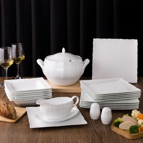  Bộ đĩa ăn kiểu Âu 22 món (đĩa vuông, cho 6 người) sứ trắng cao cấp | Noritake Cher Blanc 1655L - D024EV 