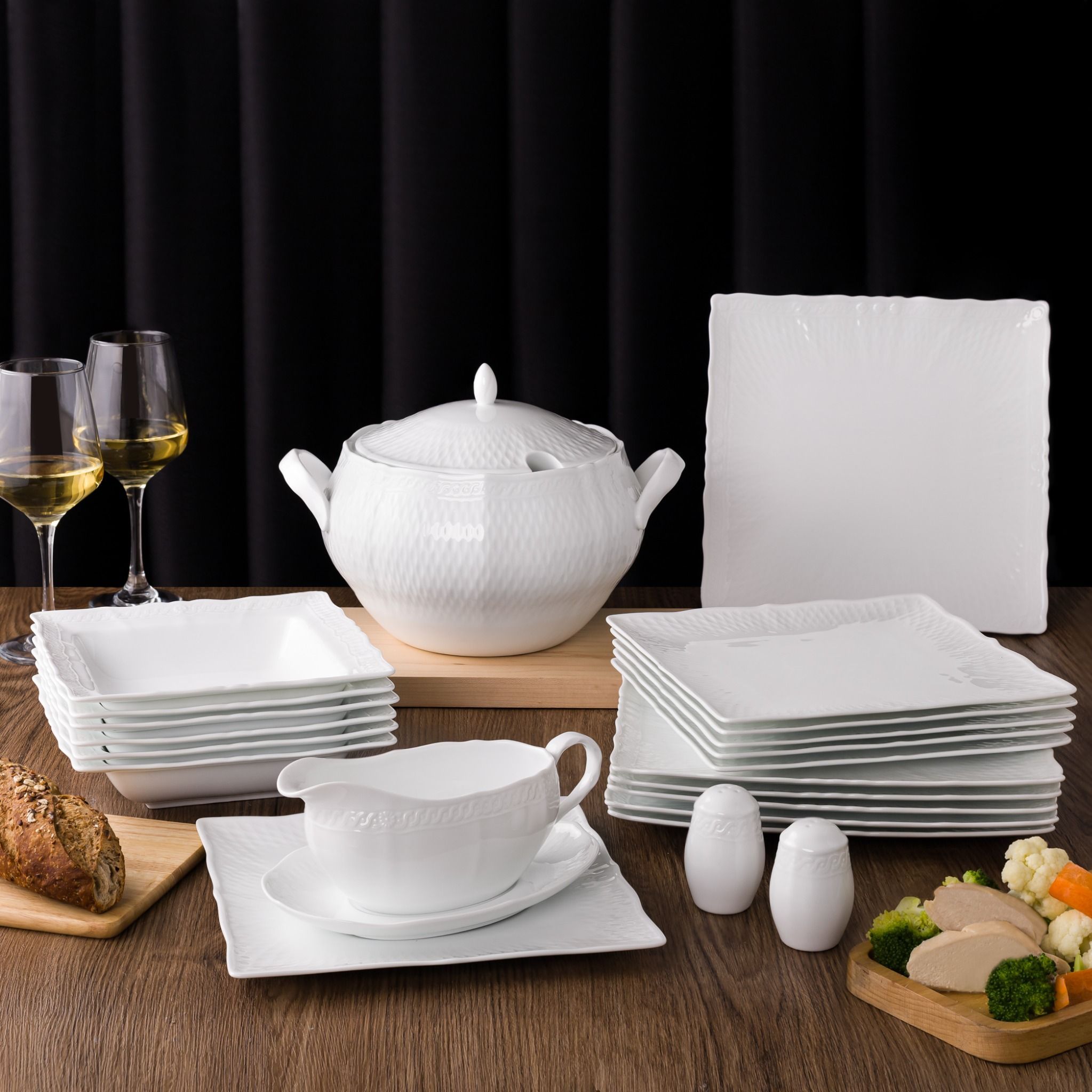 Bộ đĩa ăn kiểu Âu 22 món (đĩa vuông, cho 6 người) sứ trắng cao cấp | Noritake Cher Blanc 1655L - D024EV