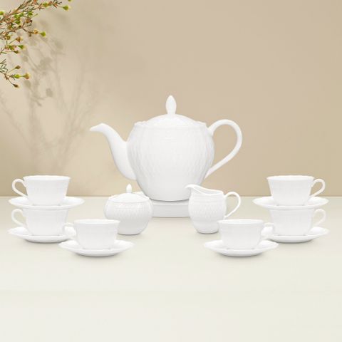  Bộ ấm chén uống trà (ấm 1.120ml, chén 215ml) 15 món sứ trắng cao cấp | Noritake Cher Blanc 1655L - T017L 