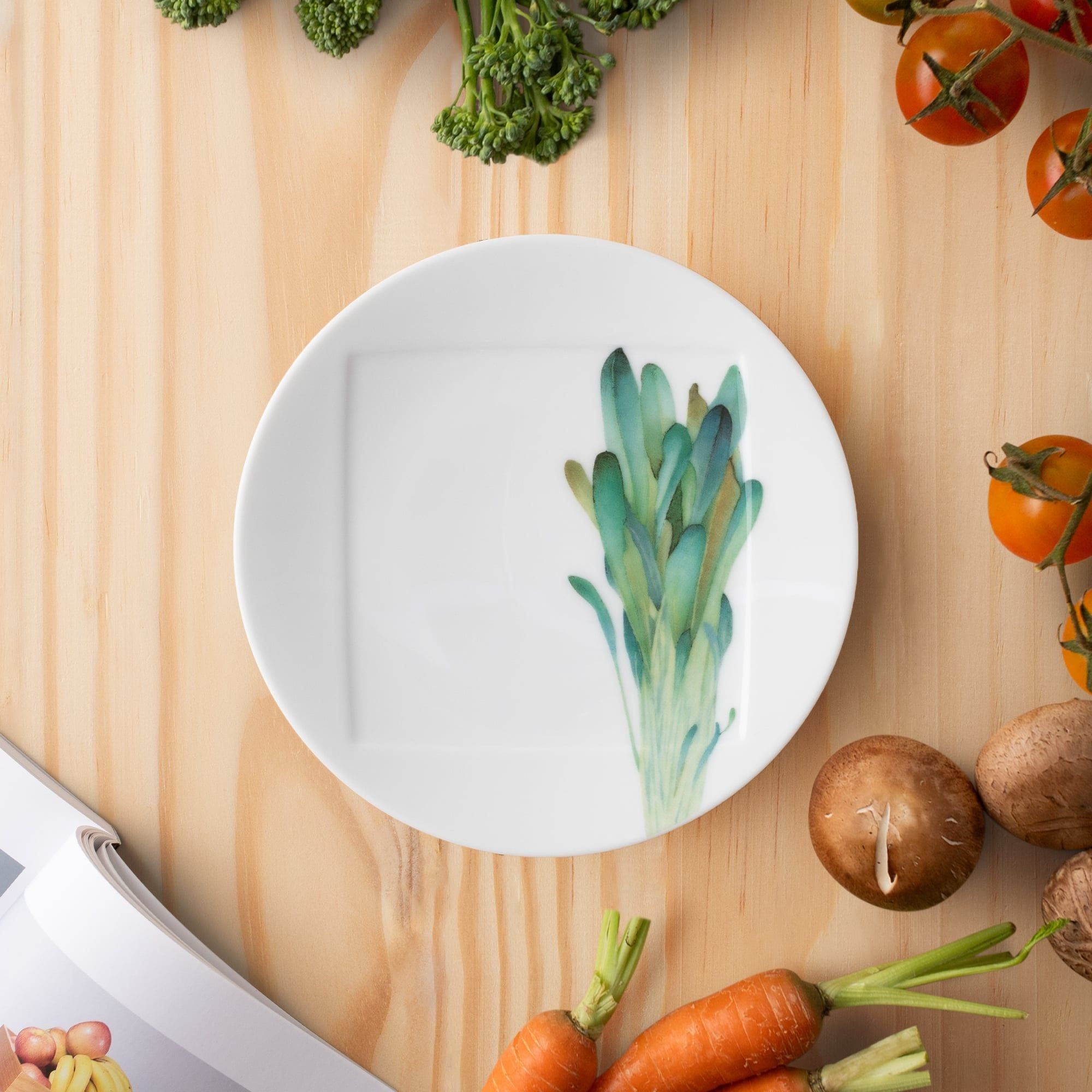 Đĩa tròn cỡ nhỏ 15,5cm (họa tiết cải Mibuna) lót bát (chén) cơm 11,1cm sứ trắng | Noritake Kyoka Shunsai 1620-2L - 94531