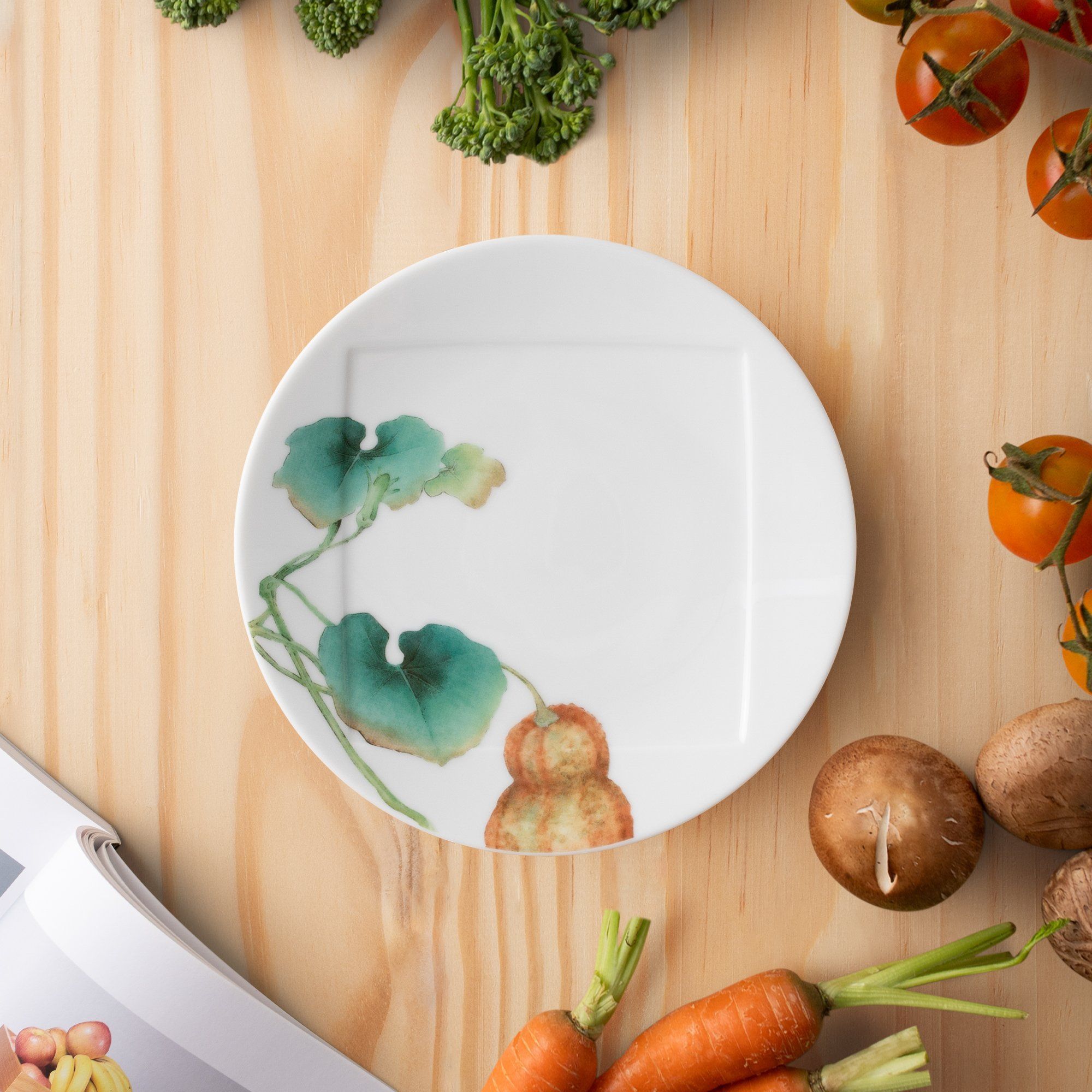 Đĩa tròn cỡ nhỏ 15,5cm (họa tiết bí đỏ) lót bát (chén) cơm 11,1cm sứ trắng | Noritake Kyoka Shunsai 1620-6L - 94531