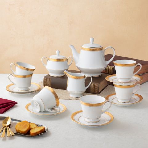  Bộ ấm chén uống trà (ấm 1.200ml, chén 230ml) 15 món sứ trắng | Noritake Crestwood Gold 4167L - T017A 