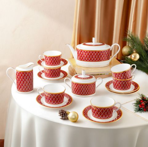  Bộ ấm chén uống trà (ấm 1.250ml, chén 245ml) 15 món sứ xương | Noritake Crochet 4966L - T017A 