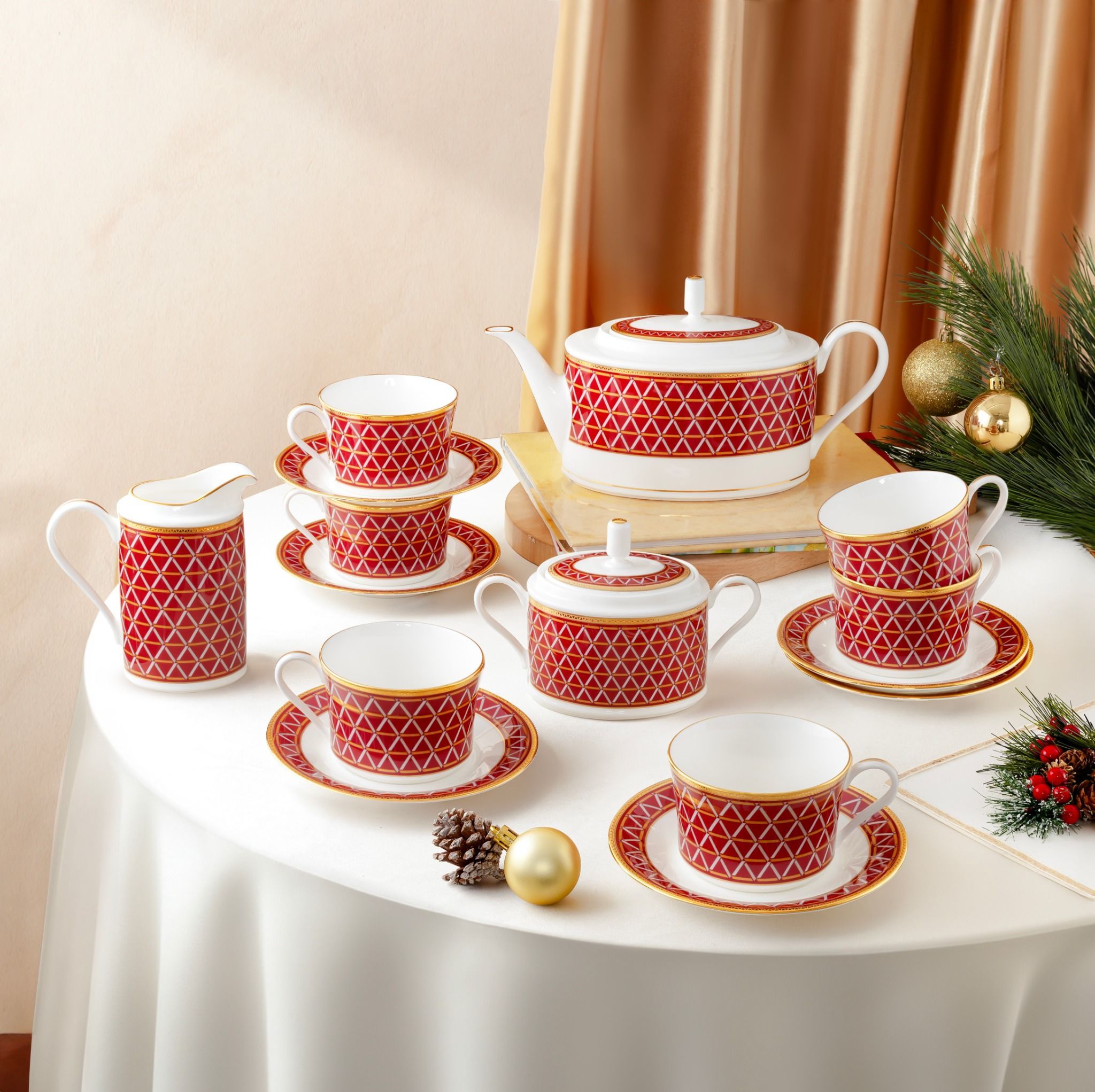 Bộ ấm chén uống trà (ấm 1.250ml, chén 245ml) 15 món sứ xương | Noritake Crochet 4966L - T017A