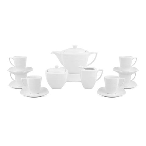  Bộ ấm chén uống trà vuông (ấm 750ml, chén 220ml) 15 món sứ trắng | Noritake Arctic White 4000L - T017V 