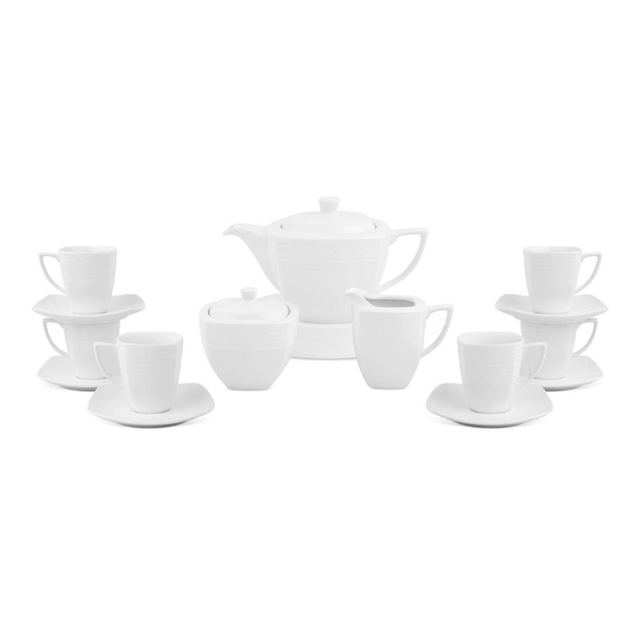 Bộ ấm chén uống trà vuông (ấm 750ml, chén 220ml) 15 món sứ trắng | Noritake Arctic White 4000L - T017V
