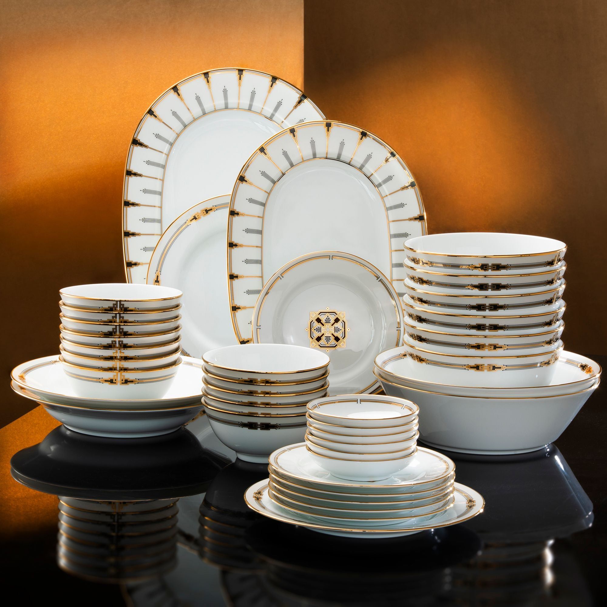 Bộ bát đĩa ăn châu Á đầy đủ 38 món (cho 6 người) sứ trắng | Noritake Empire Gold 1786L - D038AB