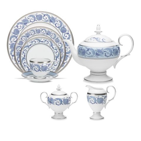  Bộ ấm chén uống trà (ấm 1.050ml, chén 250ml) 18 món sứ xương | Noritake Sonnet In Blue 4893L - T020AD 