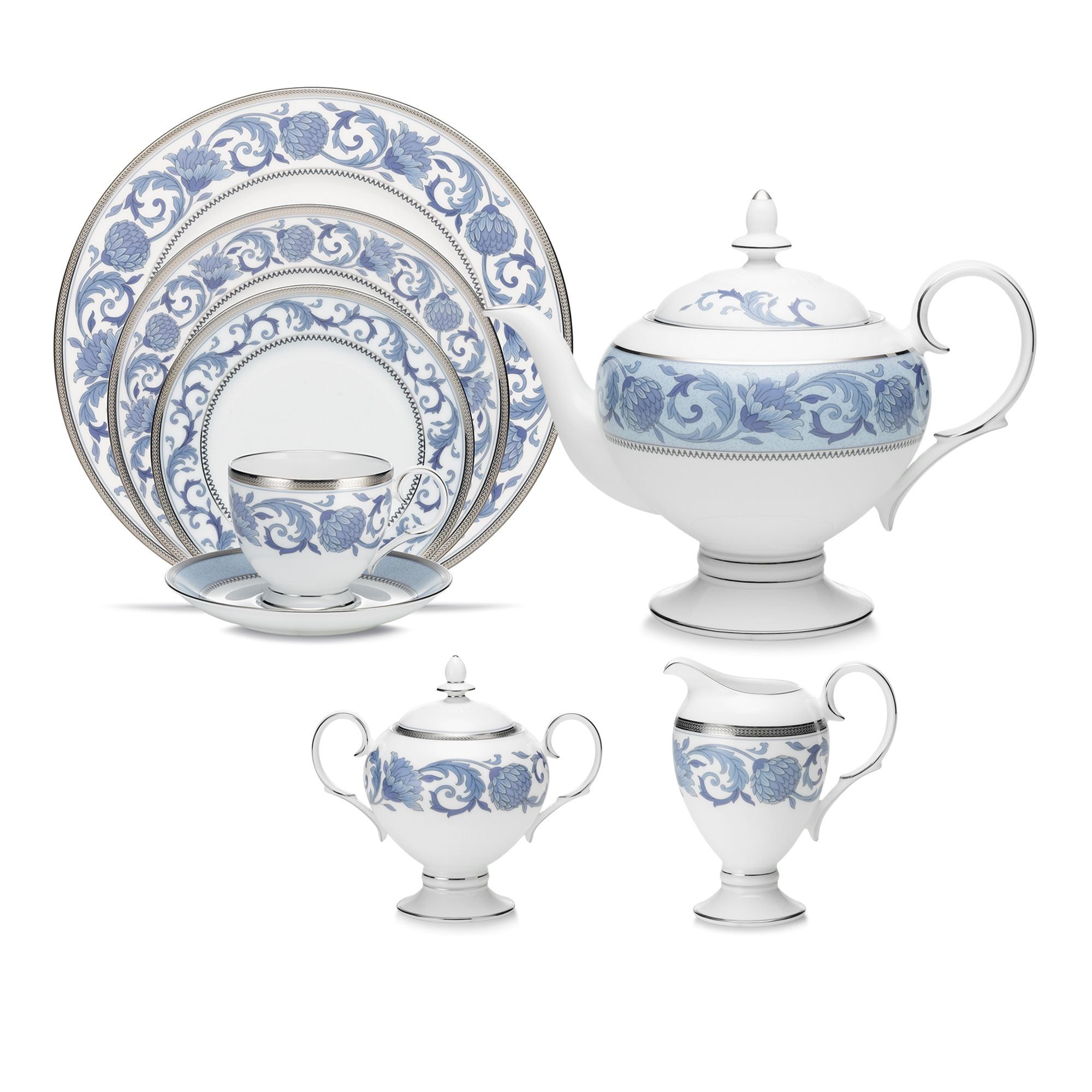 Bộ ấm chén uống trà (ấm 1.050ml, chén 250ml) 18 món sứ xương | Noritake Sonnet In Blue 4893L - T020AD